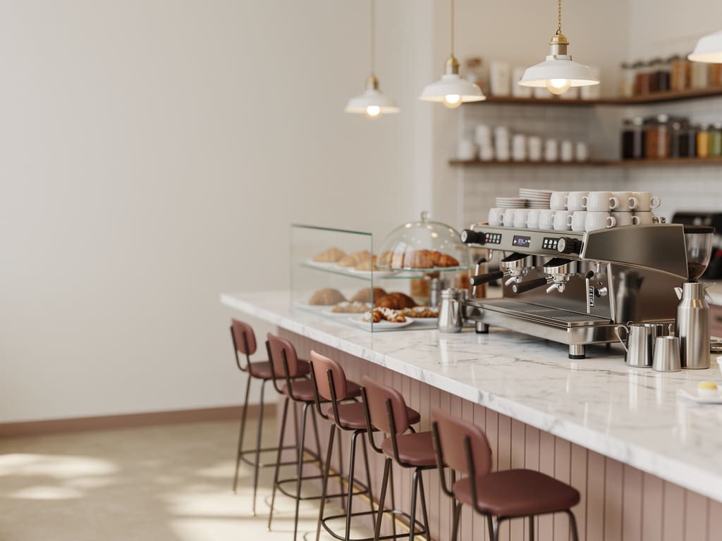Banco della caffetteria con macchina espresso e lievitati